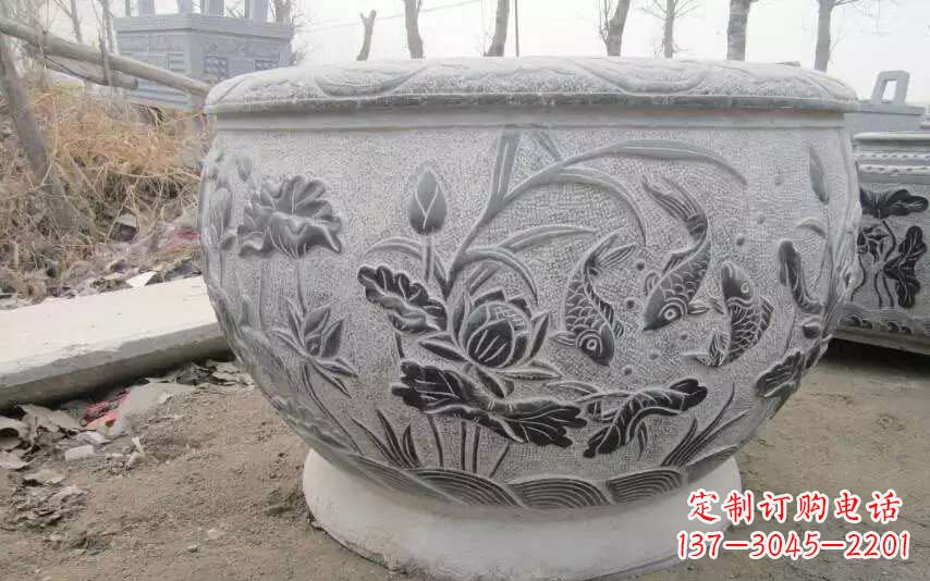 安徽仿古雕刻鲤鱼石浮雕水缸