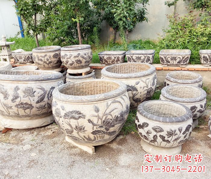 安徽仿古石雕鲤鱼浮雕水缸