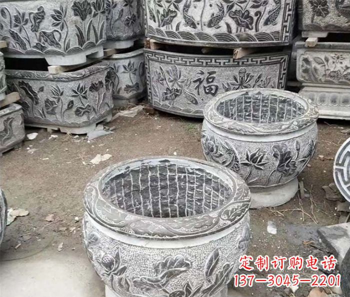 安徽仿古荷花石浮雕水缸