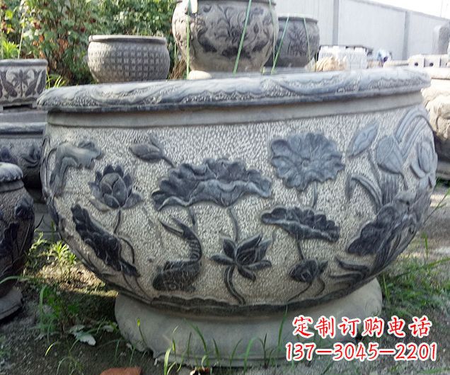 安徽中领雕塑仿古荷花石浮雕水缸