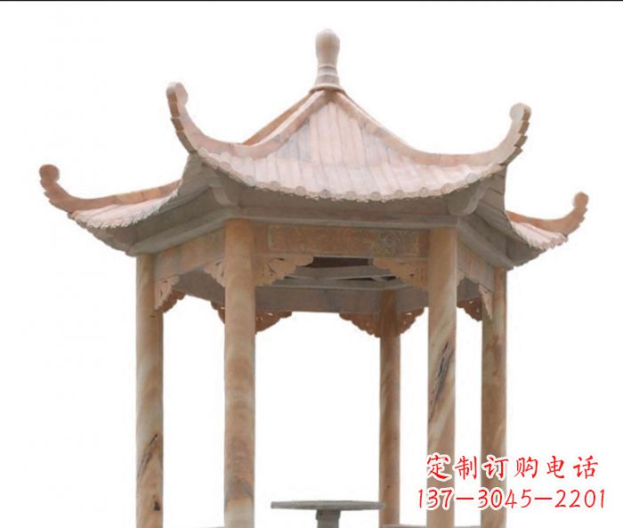 安徽美丽而优雅的公园晚霞红六角石凉亭雕塑