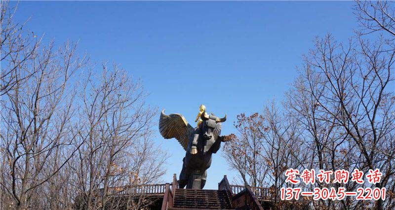 安徽精美铜雕雕塑——可爱小男孩站在飞牛上