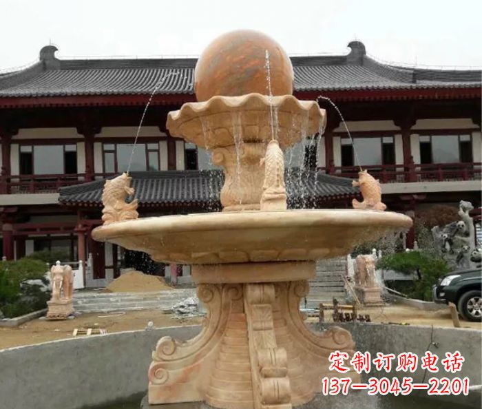 安徽双层风水球喷泉晚霞红石雕