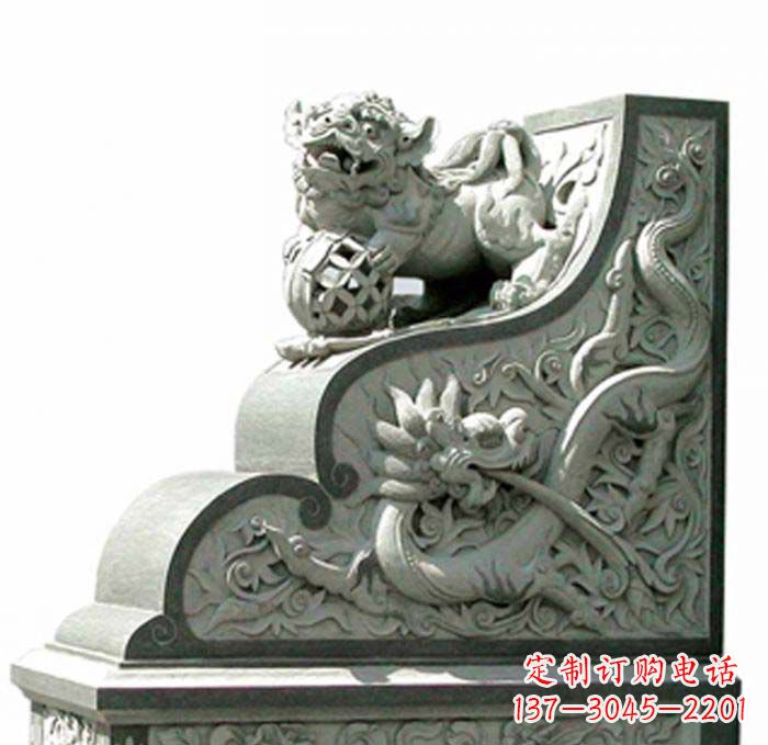 安徽寺庙景观玩绣球狮子石雕门墩