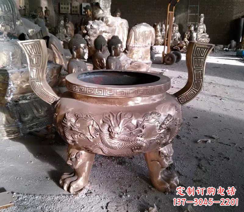 安徽寺庙龙浮雕圆铜雕香炉