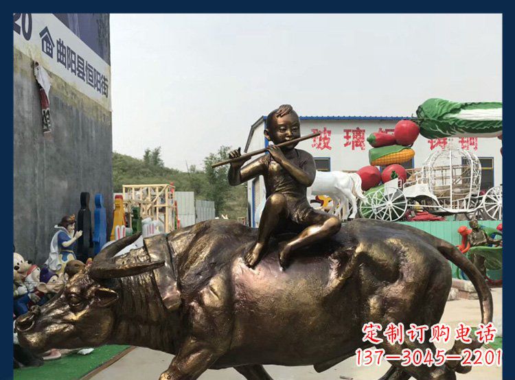 安徽田园铜雕木头骑黄牛动物雕塑