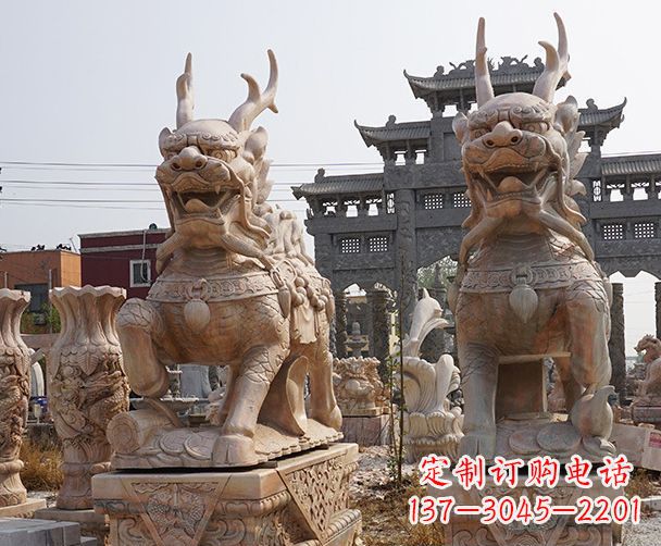安徽晚霞红瑞兽麒麟石雕 (2)